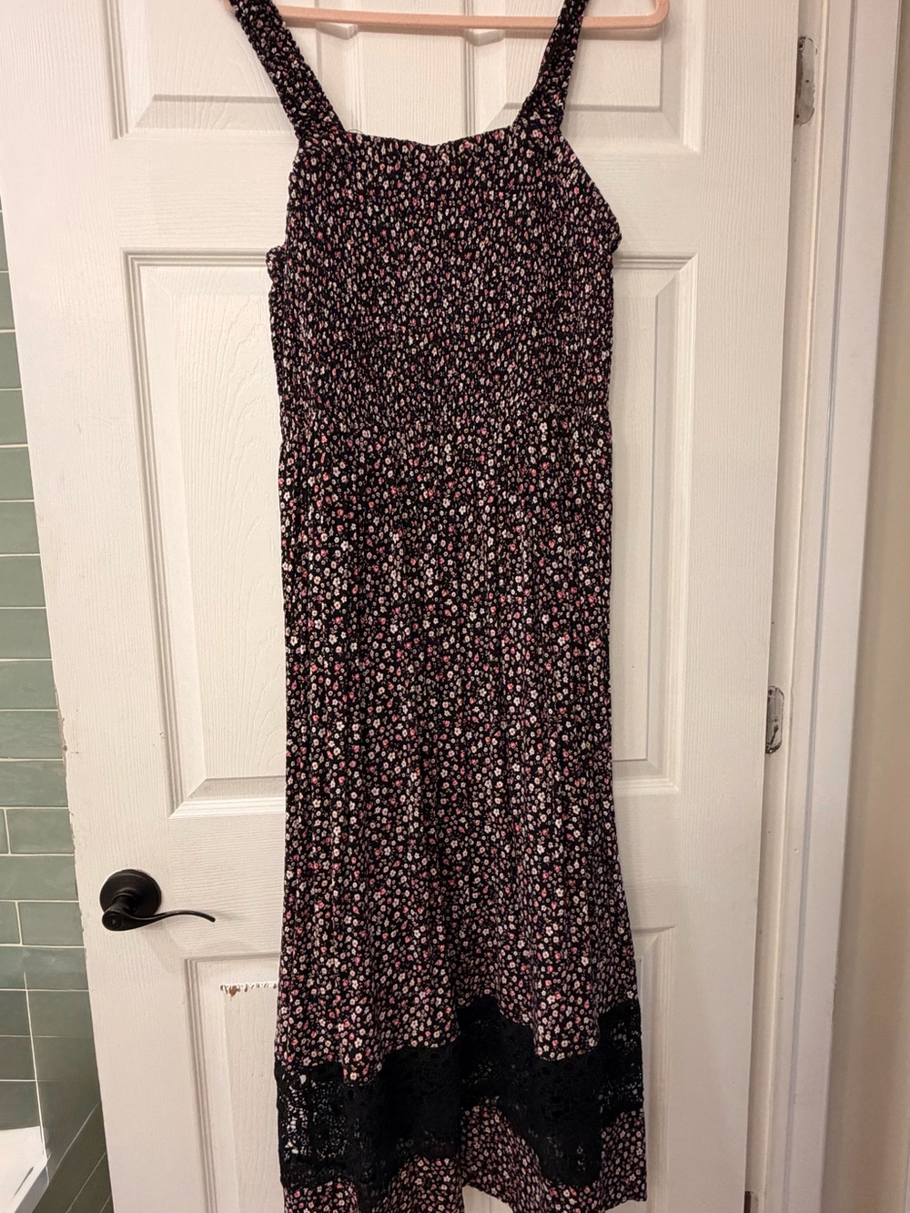 Black Floral Shirred bodice dress with Lace Trim